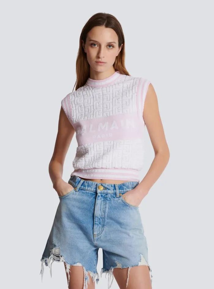 Balmain Tops And Shirts Women Sleeveless Monogram Knit Top Pink