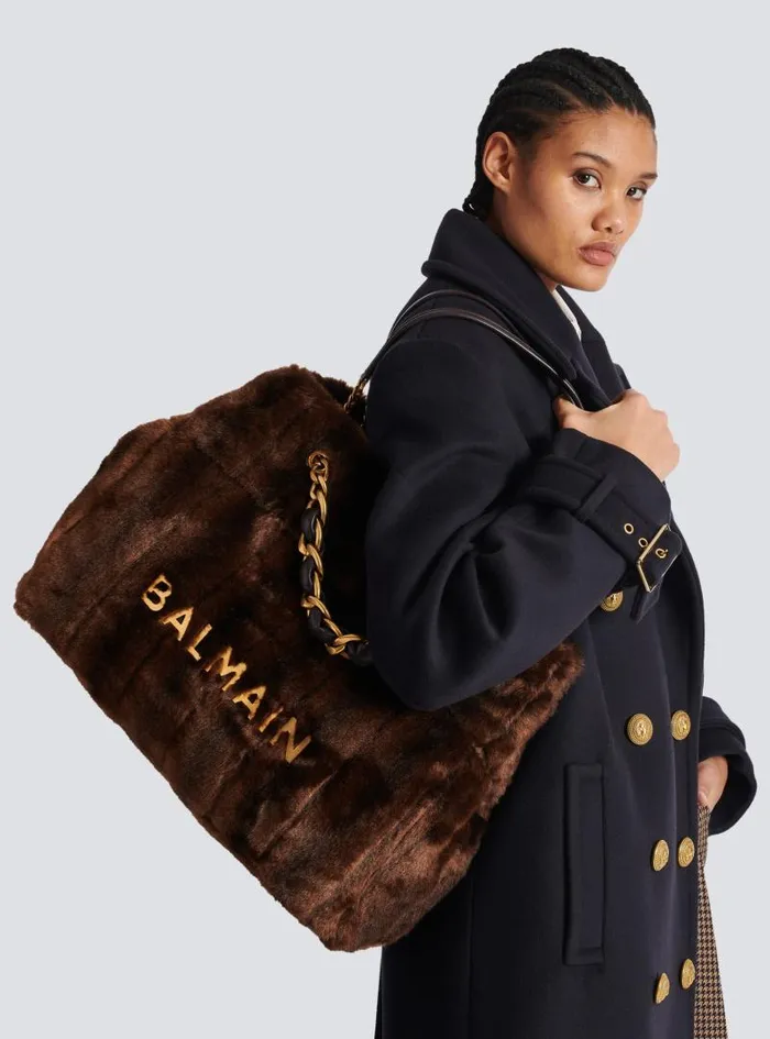 Balmain Tote Bags Women 1945 Soft Faux Fur Tote Bag Brown