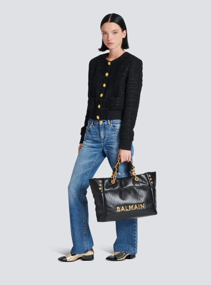 Balmain Tote Bags Women 1945 Soft Tote Bag In Embossed Calfskin Black