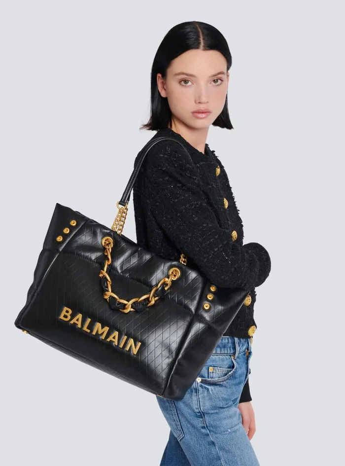 Balmain Tote Bags Women 1945 Soft Tote Bag In Embossed Calfskin Black