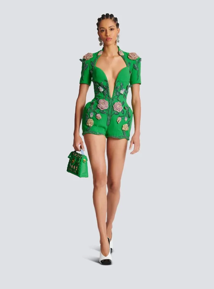 Balmain Trousers And Shorts Women Flowerembroidered Playsuit Green