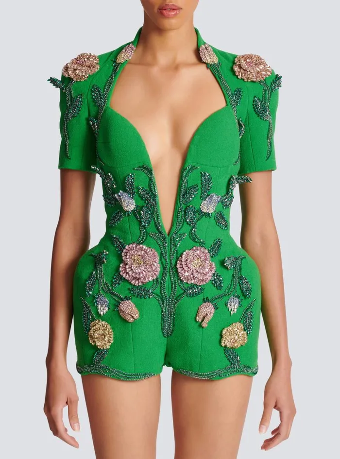 Balmain Trousers And Shorts Women Flowerembroidered Playsuit Green