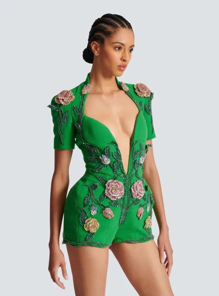 Balmain Trousers And Shorts Women Flowerembroidered Playsuit Green