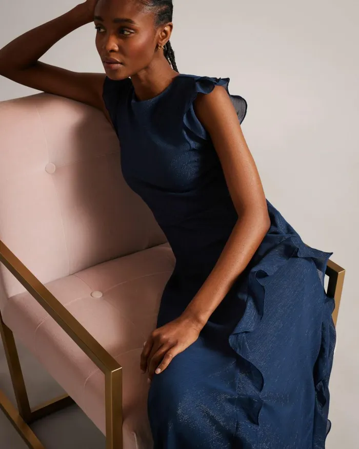 Bias Cut Maxi Dress With Ruffle Detail Dark Blue Women Ted Baker Clothing Bias Cut Maxi Dress With Ruffle Detail Dark Blue Women Ted Baker Clothing
