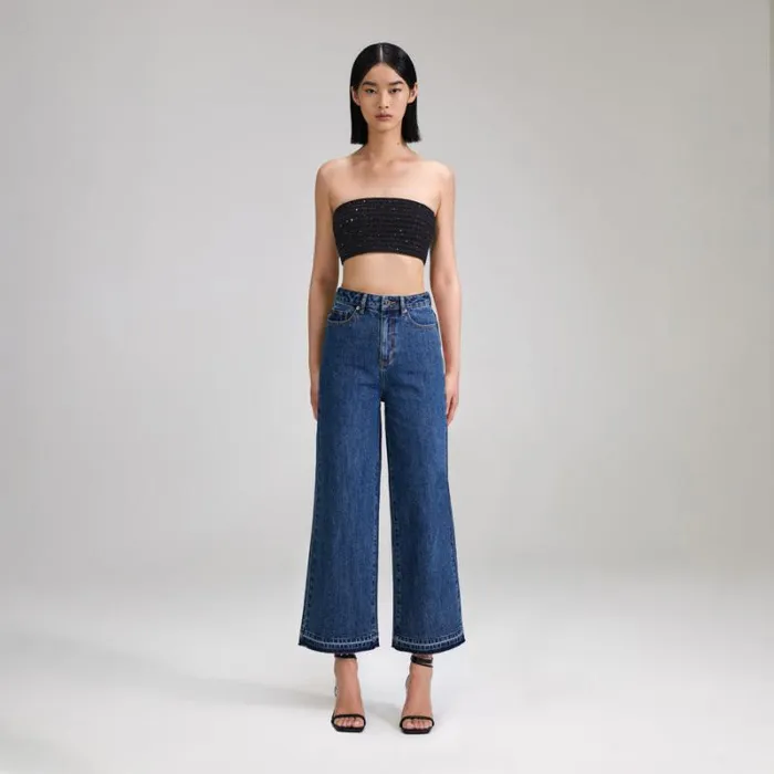 Bottoms Woman SelfPortrait Blue Denim Cropped High Rise Trouser