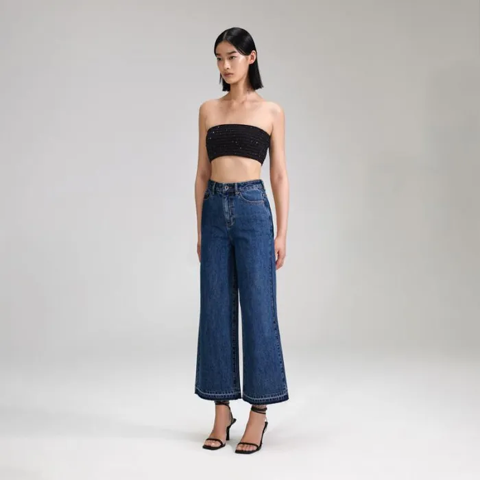 Bottoms Woman SelfPortrait Blue Denim Cropped High Rise Trouser Bottoms Woman SelfPortrait Blue Denim Cropped High Rise Trouser
