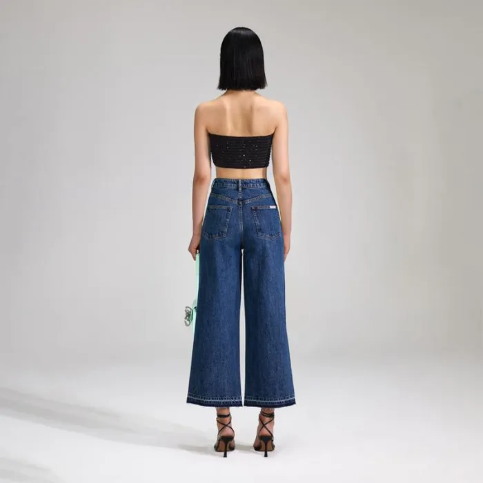 Bottoms Woman SelfPortrait Blue Denim Cropped High Rise Trouser Bottoms Woman SelfPortrait Blue Denim Cropped High Rise Trouser