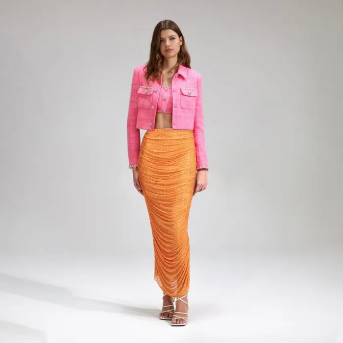 Bottoms Woman SelfPortrait Orange Rhinestone Mesh Midi Skirt