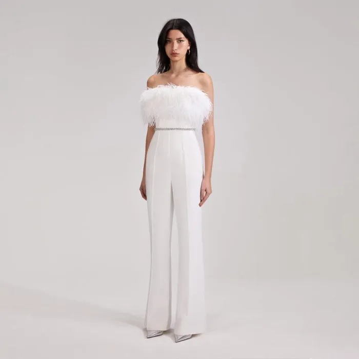 Bottoms Woman SelfPortrait White Feather Jumpsuit Bottoms Woman SelfPortrait White Feather Jumpsuit