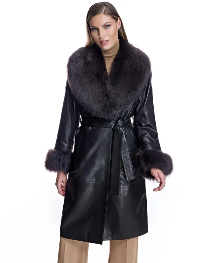 Coats Women039s Maximilian Belted Leather Coat With Shearling Collar