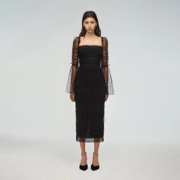 Dresses Woman SelfPortrait Black Dot Mesh Midi Dress