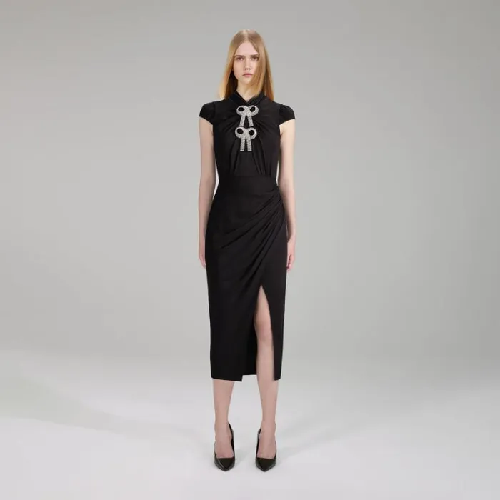 Dresses Woman SelfPortrait Black Midi Stretch Crepe Dress