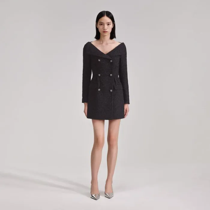 Dresses Woman SelfPortrait Black Off Shoulder Boucle Mini Dress