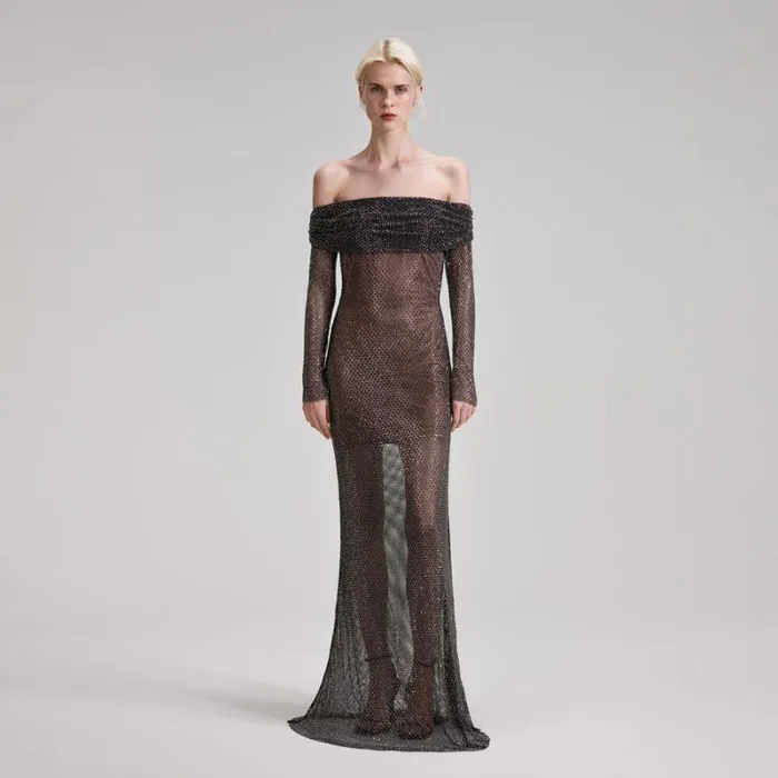 Dresses Woman SelfPortrait Black Rhinestone Fishnet Maxi Dress