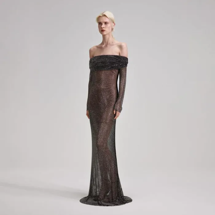 Dresses Woman SelfPortrait Black Rhinestone Fishnet Maxi Dress Dresses Woman SelfPortrait Black Rhinestone Fishnet Maxi Dress