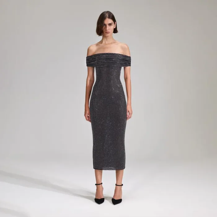 Dresses Woman SelfPortrait Black Rhinestone Midi Dress