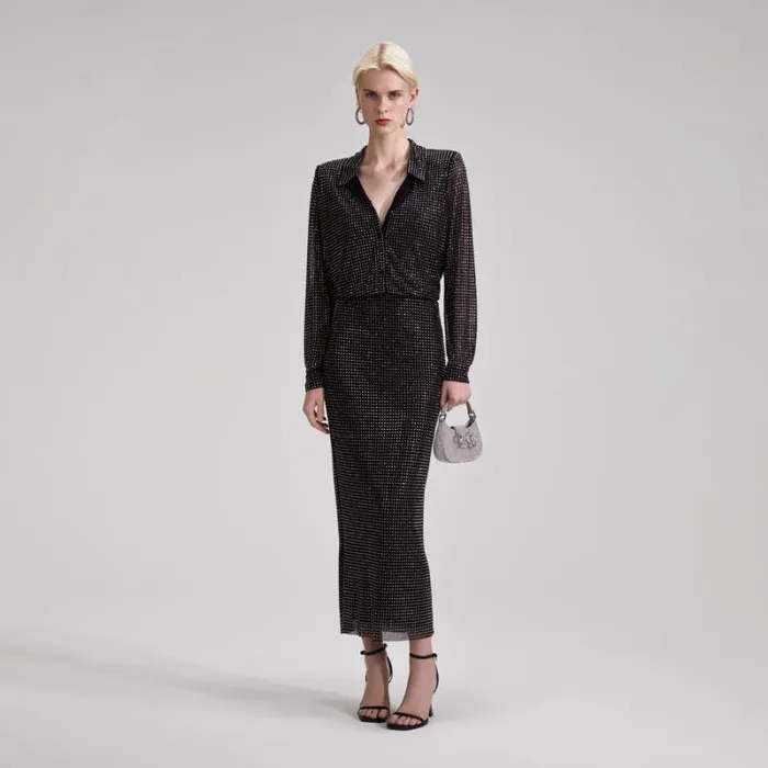 Dresses Woman SelfPortrait Black Rhinestone Midi Shirt Dress