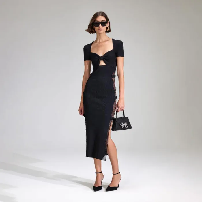 Dresses Woman SelfPortrait Black Viscose Knitted Midi Dress