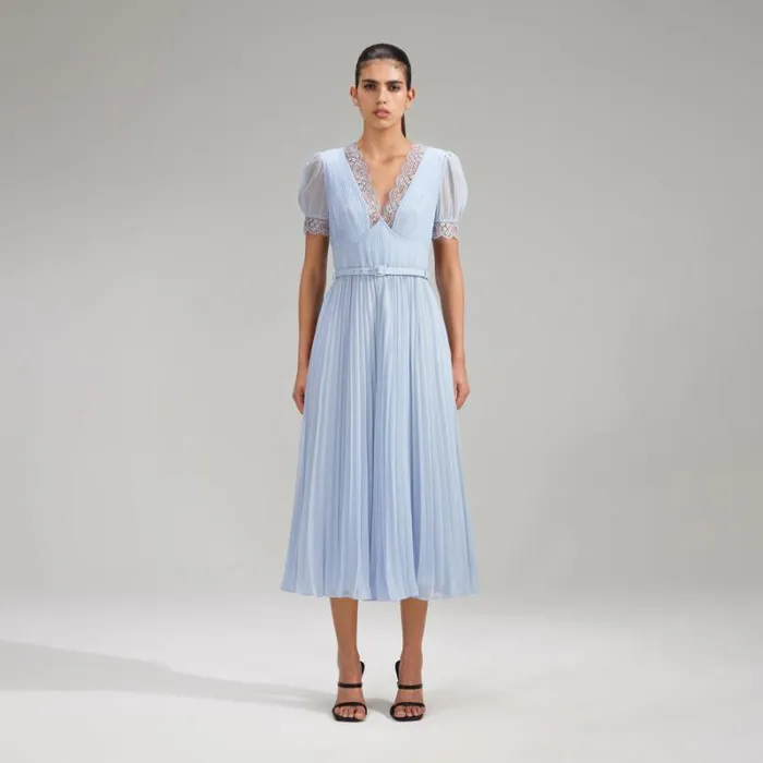 Dresses Woman SelfPortrait Blue Chiffon Lace Detail Midi Dress