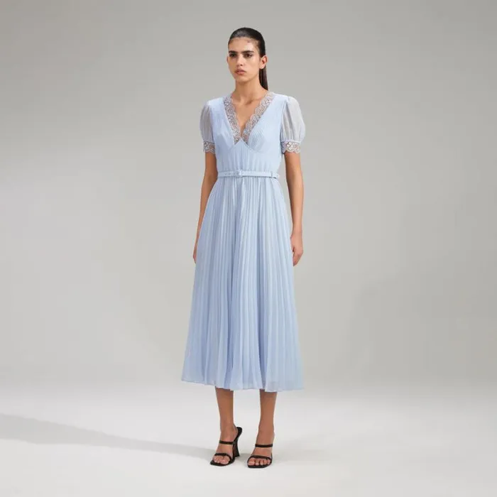Dresses Woman SelfPortrait Blue Chiffon Lace Detail Midi Dress Dresses Woman SelfPortrait Blue Chiffon Lace Detail Midi Dress