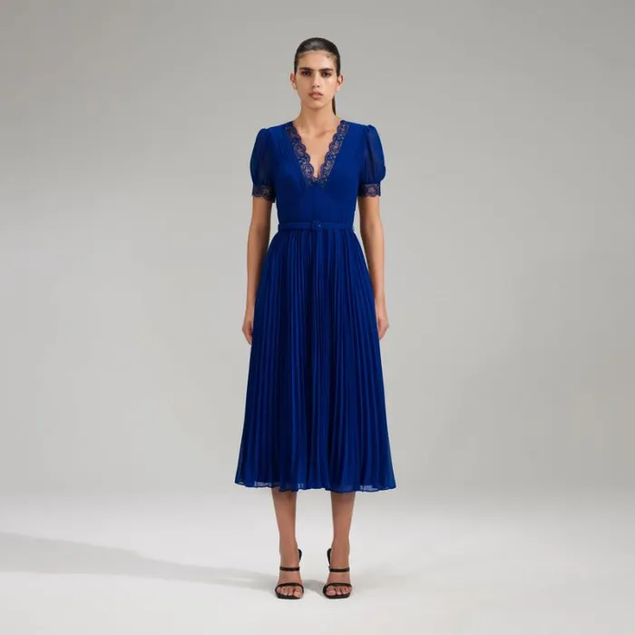 Dresses Woman SelfPortrait Blue Chiffon Lace Detail Midi Dress Dresses Woman SelfPortrait Blue Chiffon Lace Detail Midi Dress