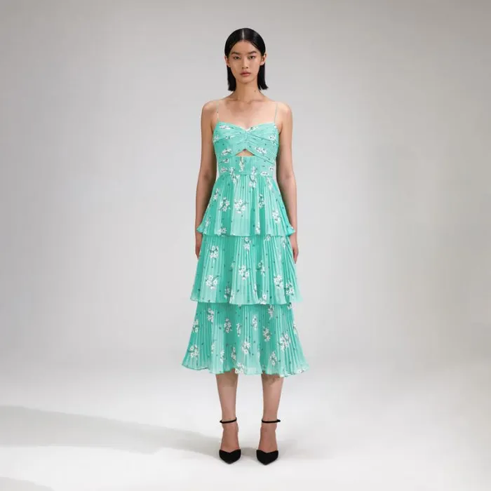 Dresses Woman SelfPortrait Blue Floral Tiered Chiffon Midi Dress