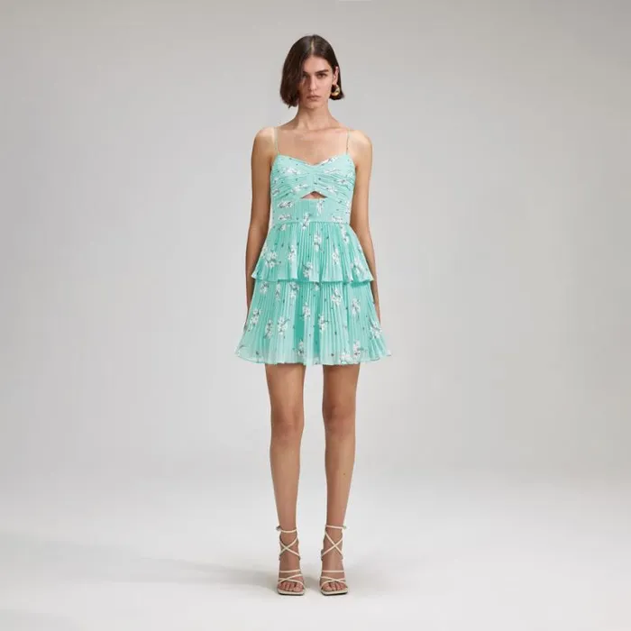 Dresses Woman SelfPortrait Blue Floral Tiered Chiffon Mini Dress