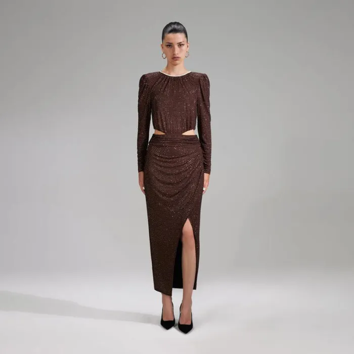 Dresses Woman SelfPortrait Brown Rhinestone Midi Dress