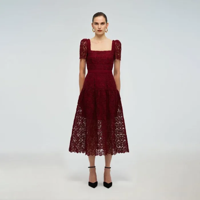 Dresses Woman SelfPortrait Burgundy Guipure Lace Midi Dress