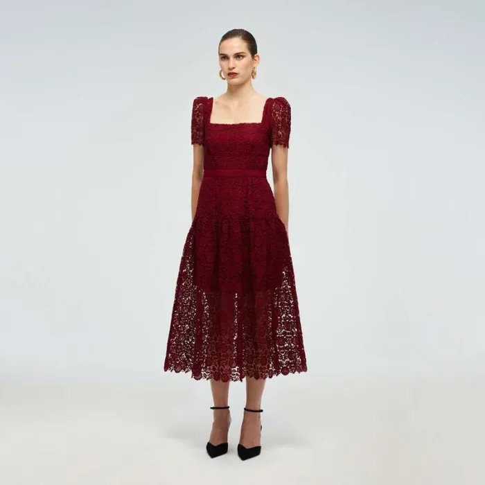 Dresses Woman SelfPortrait Burgundy Guipure Lace Midi Dress Dresses Woman SelfPortrait Burgundy Guipure Lace Midi Dress