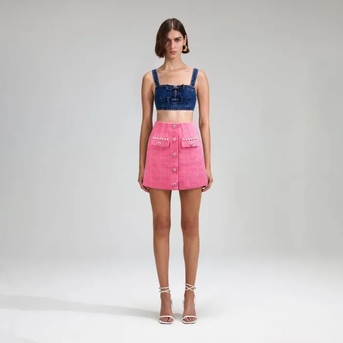 Dresses Woman SelfPortrait Denim Mini Dress With Bows Dresses Woman SelfPortrait Denim Mini Dress With Bows