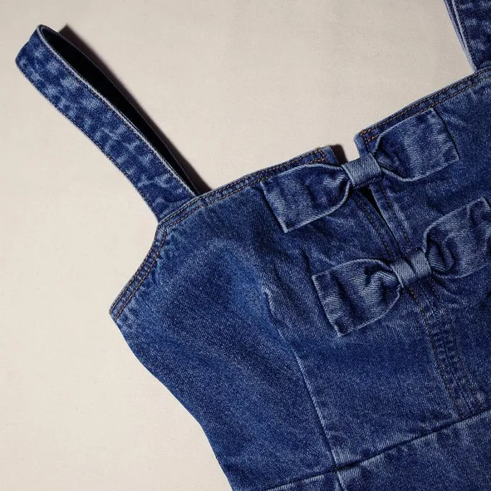 Dresses Woman SelfPortrait Denim Mini Dress With Bows Dresses Woman SelfPortrait Denim Mini Dress With Bows