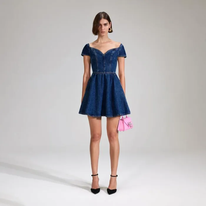 Dresses Woman SelfPortrait Denim Sweetheart Mini Dress
