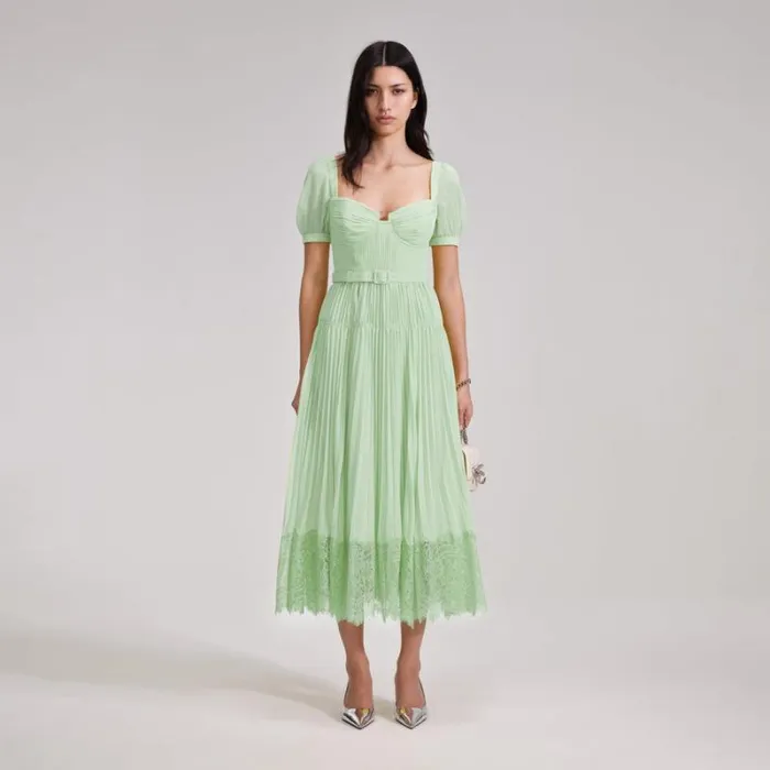 Dresses Woman SelfPortrait Green Chiffon Lace Detail Midi Dress