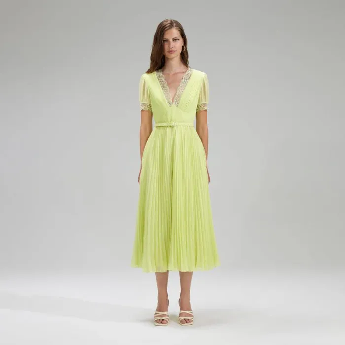 Dresses Woman SelfPortrait Green Chiffon Lace Detail Midi Dress Dresses Woman SelfPortrait Green Chiffon Lace Detail Midi Dress