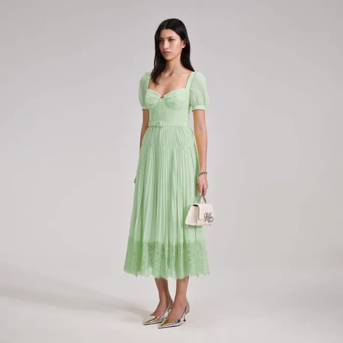 Dresses Woman SelfPortrait Green Chiffon Lace Detail Midi Dress Dresses Woman SelfPortrait Green Chiffon Lace Detail Midi Dress