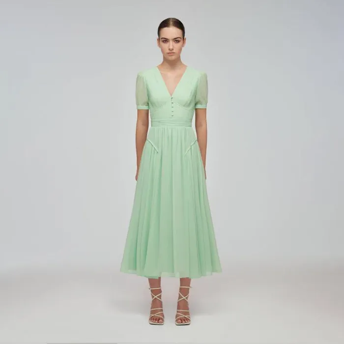 Dresses Woman SelfPortrait Green Chiffon Lace Detail Midi Dress Dresses Woman SelfPortrait Green Chiffon Lace Detail Midi Dress