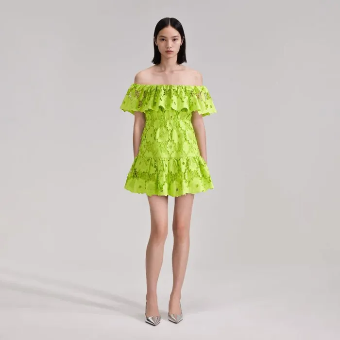 Dresses Woman SelfPortrait Green Lace Off Shoulder Mini Dress