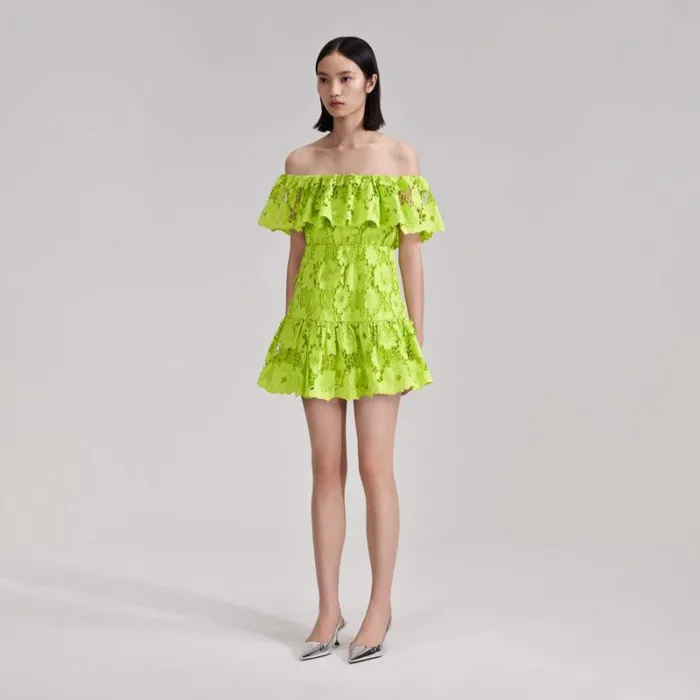 Dresses Woman SelfPortrait Green Lace Off Shoulder Mini Dress Dresses Woman SelfPortrait Green Lace Off Shoulder Mini Dress