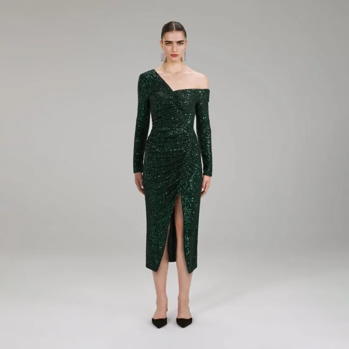 Dresses Woman SelfPortrait Green Stretch Sequin Midi Dress