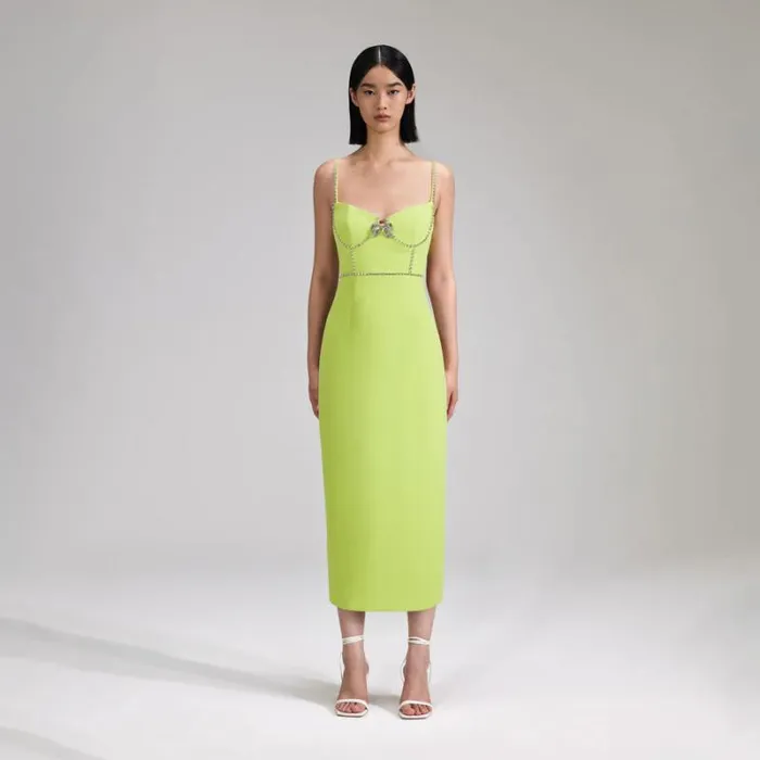 Dresses Woman SelfPortrait Lime Crepe Bow Midi Dress