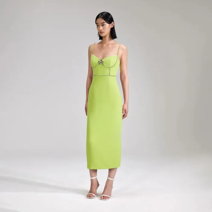 Dresses Woman SelfPortrait Lime Crepe Bow Midi Dress Dresses Woman SelfPortrait Lime Crepe Bow Midi Dress