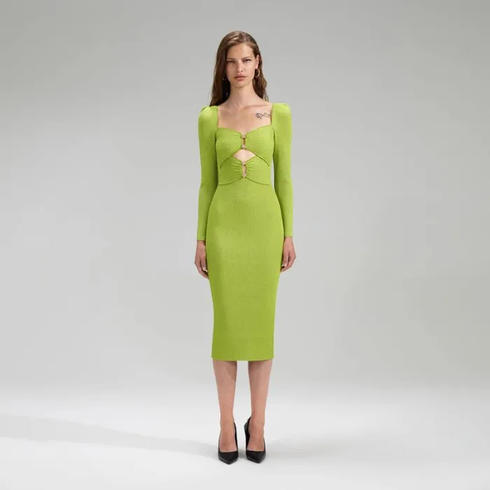 Dresses Woman SelfPortrait Lime Green Lurex Knit Midi Dress