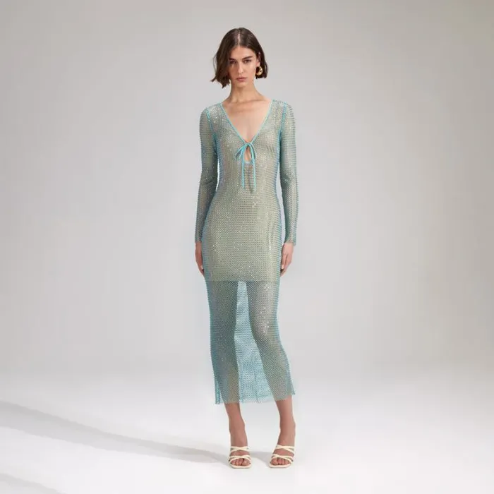 Dresses Woman SelfPortrait Mint Rhinestone Fishnet Keyhole Midi Dress