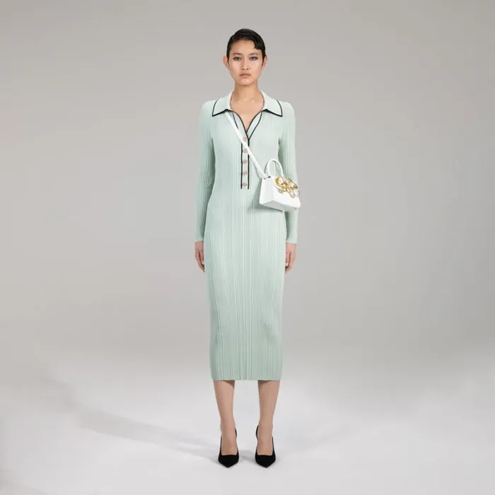 Dresses Woman SelfPortrait Pale Green Contrast Stitch Knit Dress