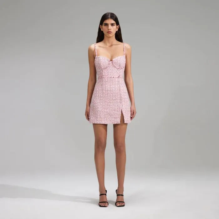 Dresses Woman SelfPortrait Pink Boucle Rhinestone Detail Mini Dress