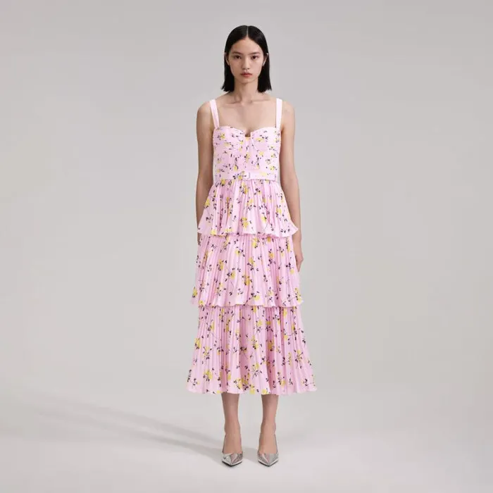 Dresses Woman SelfPortrait Pink Floral Print Tiered Midi Dress