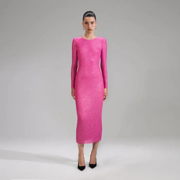 Dresses Woman SelfPortrait Pink Rhinestone Mesh Midi Dress