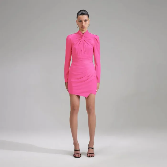 Dresses Woman SelfPortrait Pink Stretch Crepe Twisted Collar Mini Dress