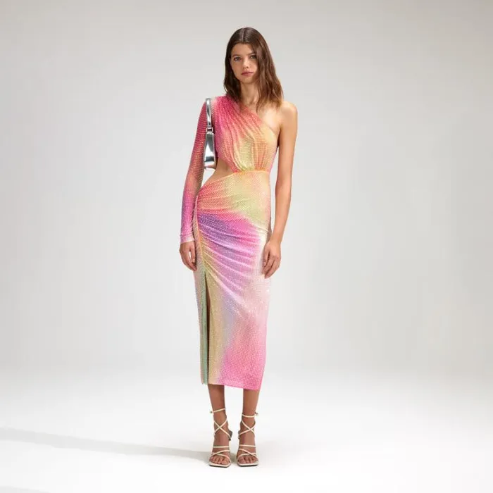 Dresses Woman SelfPortrait Printed Mesh Rhinestone Cutout Midi Dress